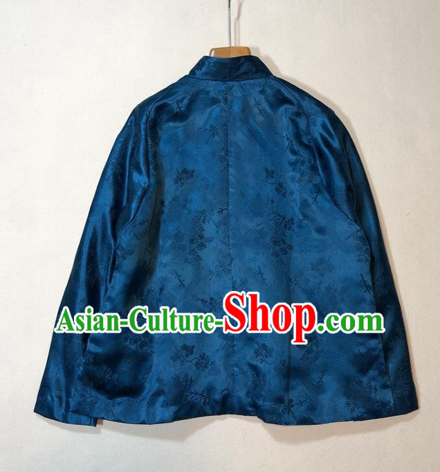 China Woman Classical Deep Blue Silk Jacket Traditional Tang Suit Outer Garment