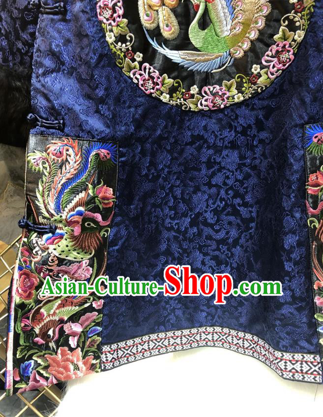 Chinese National Women Winter Clothing Classical Embroidered Phoenix Qipao Dress Traditional Royalblue Cheongsam