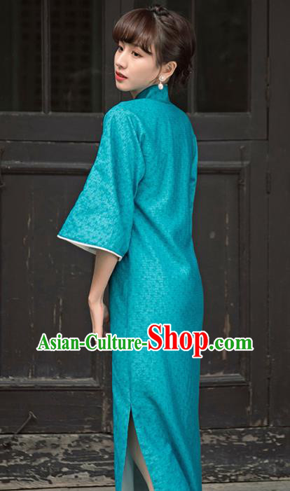Chinese Green Qipao Dress National Wide Sleeve Cheongsam Traditional Young Lady Clothing