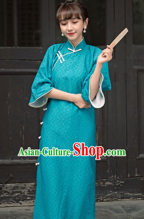 Chinese Green Qipao Dress National Wide Sleeve Cheongsam Traditional Young Lady Clothing