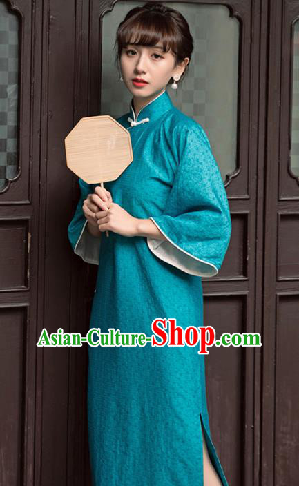 Chinese Green Qipao Dress National Wide Sleeve Cheongsam Traditional Young Lady Clothing