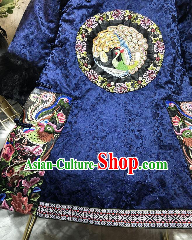 Chinese National Women Winter Clothing Classical Embroidered Phoenix Qipao Dress Traditional Royalblue Cheongsam
