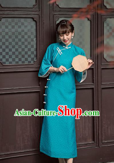 Chinese Green Qipao Dress National Wide Sleeve Cheongsam Traditional Young Lady Clothing