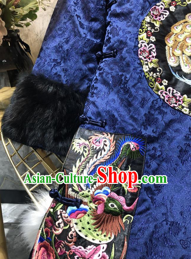 Chinese National Women Winter Clothing Classical Embroidered Phoenix Qipao Dress Traditional Royalblue Cheongsam