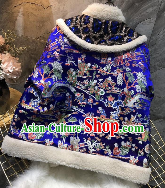 China Traditional Tang Suit Winter Cotton Padded Coat Woman Classical Royalblue Brocade Jacket