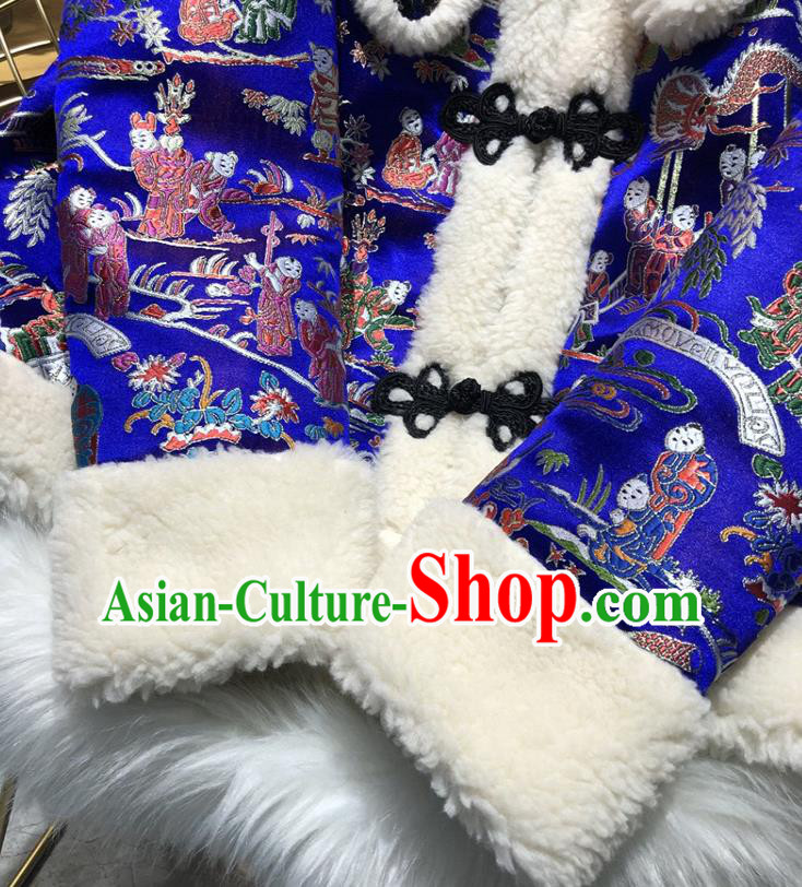 China Traditional Tang Suit Winter Cotton Padded Coat Woman Classical Royalblue Brocade Jacket