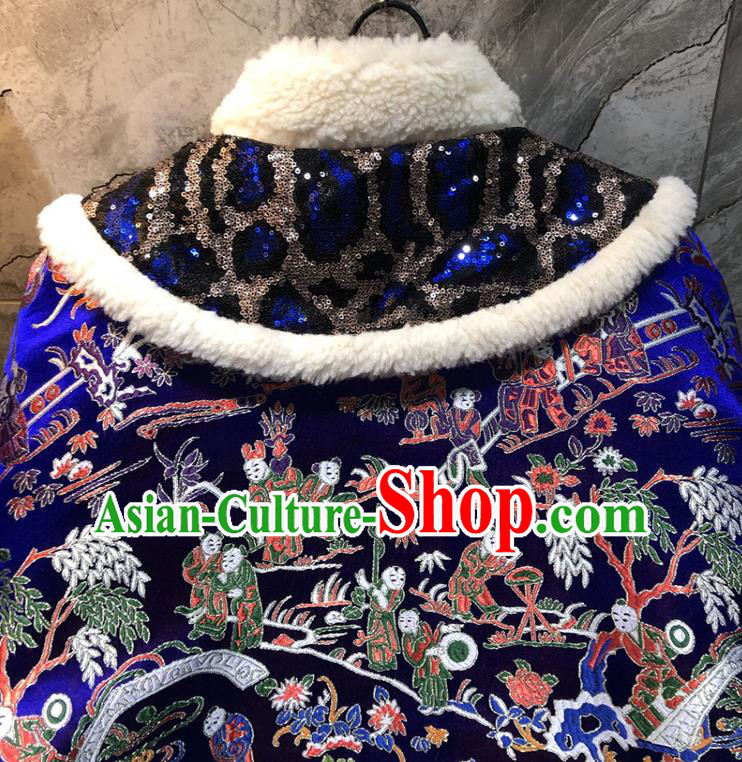 China Traditional Tang Suit Winter Cotton Padded Coat Woman Classical Royalblue Brocade Jacket