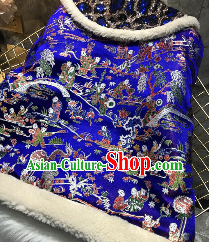 China Traditional Tang Suit Winter Cotton Padded Coat Woman Classical Royalblue Brocade Jacket