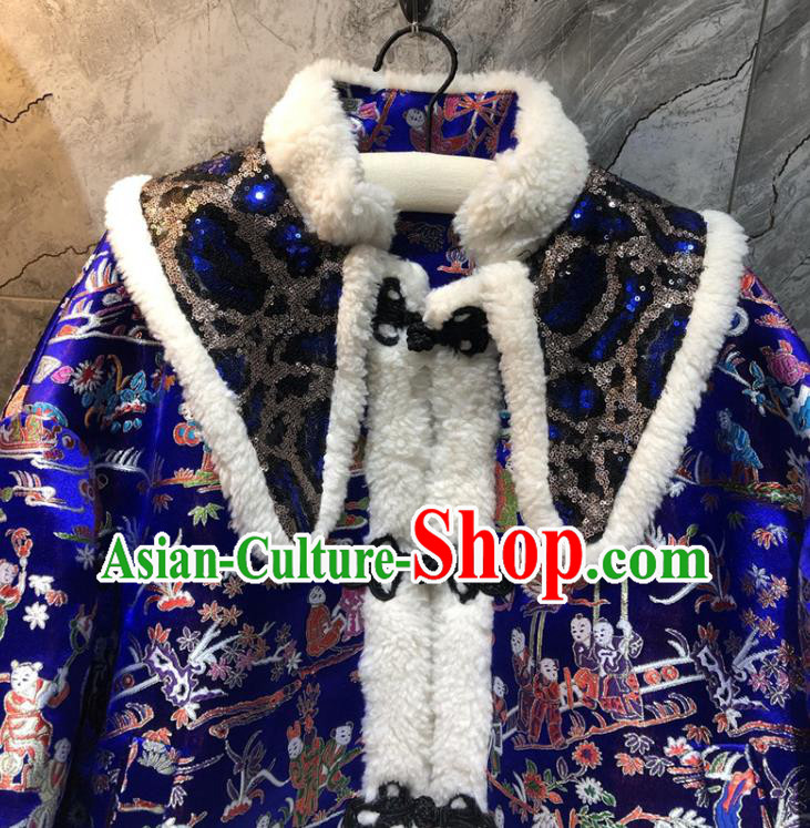 China Traditional Tang Suit Winter Cotton Padded Coat Woman Classical Royalblue Brocade Jacket