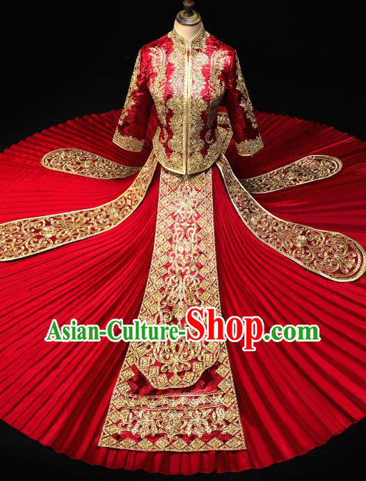 Chinese Wedding Toast Outfits Clothing Bride Costumes Traditional Embroidery Red Xiuhe Suit