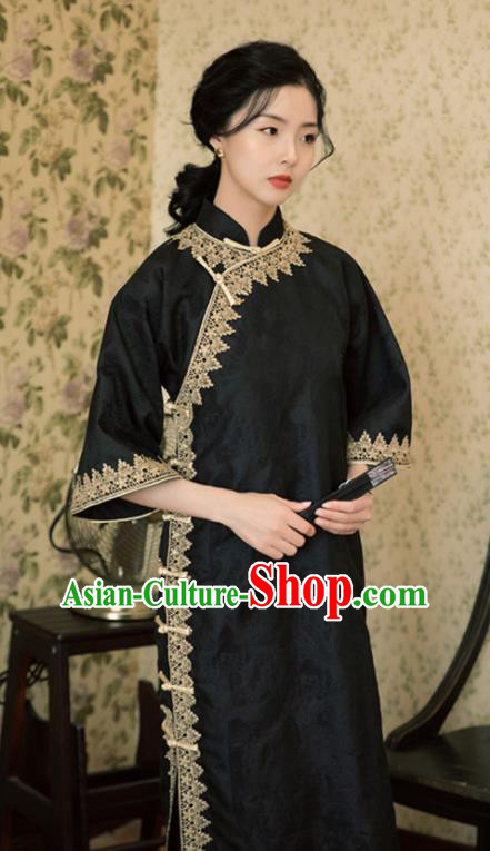 Chinese Shanghai Qipao Dress Traditional Young Lady Clothing National Wide Sleeve Black Cheongsam
