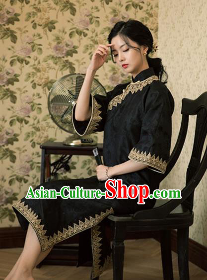 Chinese Shanghai Qipao Dress Traditional Young Lady Clothing National Wide Sleeve Black Cheongsam