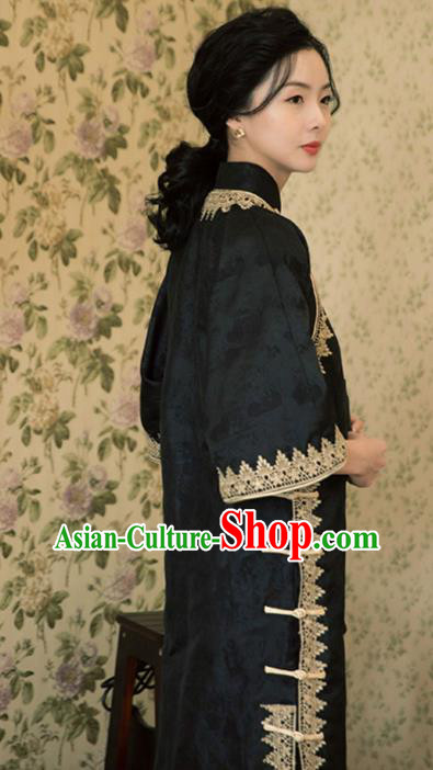 Chinese Shanghai Qipao Dress Traditional Young Lady Clothing National Wide Sleeve Black Cheongsam