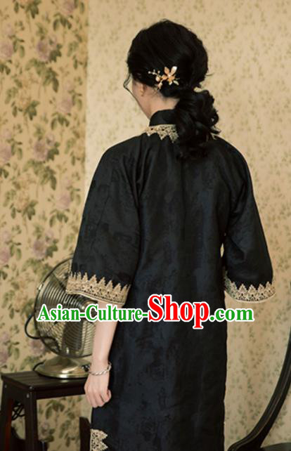 Chinese Shanghai Qipao Dress Traditional Young Lady Clothing National Wide Sleeve Black Cheongsam