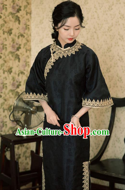 Chinese Shanghai Qipao Dress Traditional Young Lady Clothing National Wide Sleeve Black Cheongsam