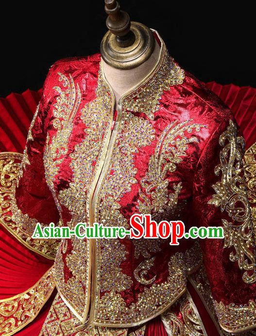 Chinese Wedding Toast Outfits Clothing Bride Costumes Traditional Embroidery Red Xiuhe Suit
