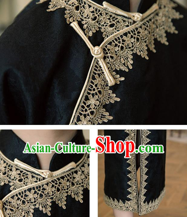 Chinese Shanghai Qipao Dress Traditional Young Lady Clothing National Wide Sleeve Black Cheongsam