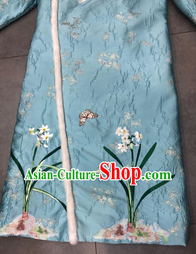Chinese National Women Clothing Classical Embroidered Orchids Blue Qipao Dress Traditional Winter Cheongsam