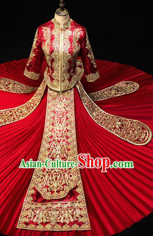 Chinese Wedding Toast Outfits Clothing Bride Costumes Traditional Embroidery Red Xiuhe Suit
