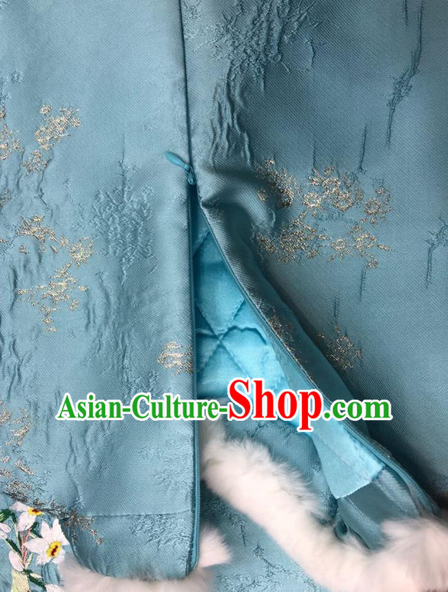 Chinese National Women Clothing Classical Embroidered Orchids Blue Qipao Dress Traditional Winter Cheongsam