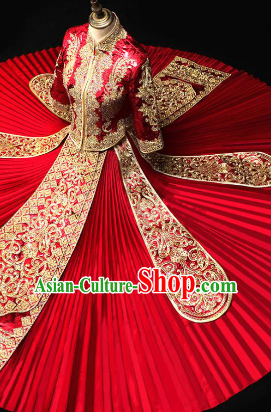 Chinese Wedding Toast Outfits Clothing Bride Costumes Traditional Embroidery Red Xiuhe Suit