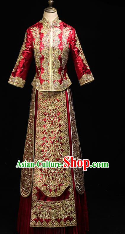 Chinese Wedding Toast Outfits Clothing Bride Costumes Traditional Embroidery Red Xiuhe Suit
