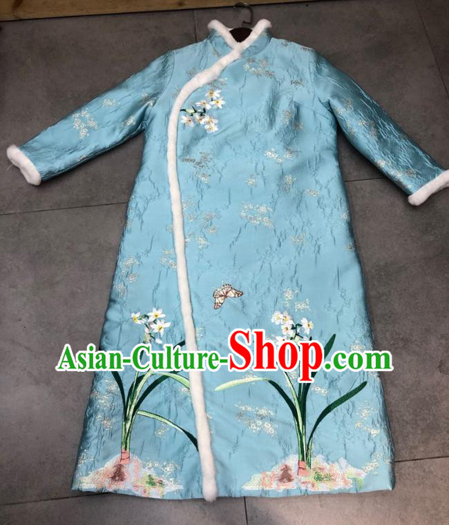 Chinese National Women Clothing Classical Embroidered Orchids Blue Qipao Dress Traditional Winter Cheongsam