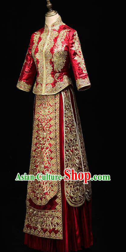 Chinese Wedding Toast Outfits Clothing Bride Costumes Traditional Embroidery Red Xiuhe Suit