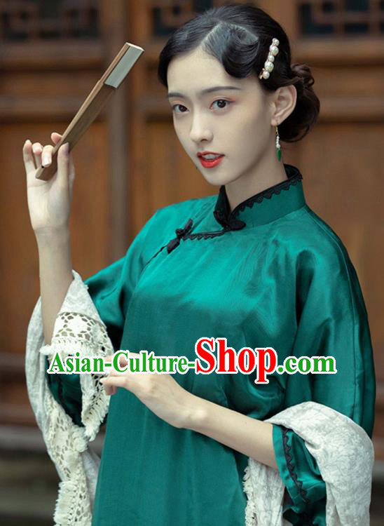 Chinese National Wide Sleeve Green Silk Cheongsam Shanghai Qipao Dress Traditional Young Mistress Clothing
