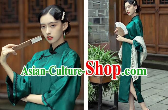 Chinese National Wide Sleeve Green Silk Cheongsam Shanghai Qipao Dress Traditional Young Mistress Clothing