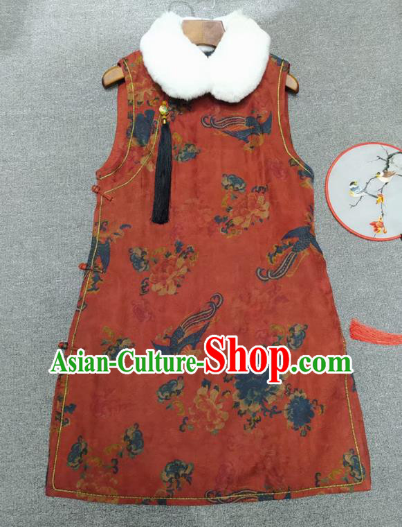 Chinese Classical Phoenix Pattern Red Qipao Dress Traditional Silk Cheongsam National Women Clothing