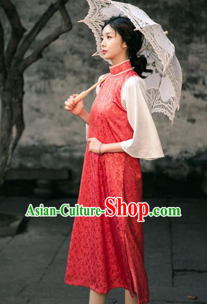 Chinese Shanghai Stand Collar Qipao Dress National Red Cheongsam Traditional Young Woman Clothing