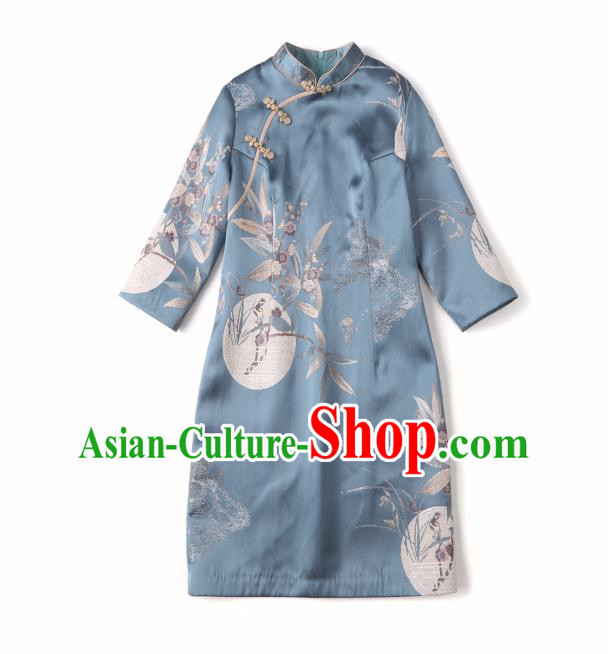 Chinese Classical Plum Blossom Pattern Blue Qipao Dress National Women Clothing Traditional Silk Cheongsam