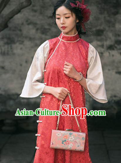 Chinese Shanghai Stand Collar Qipao Dress National Red Cheongsam Traditional Young Woman Clothing
