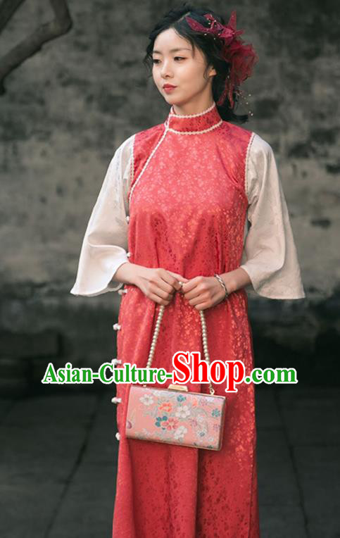Chinese Shanghai Stand Collar Qipao Dress National Red Cheongsam Traditional Young Woman Clothing