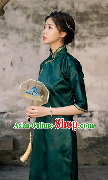 Chinese Classical Deep Green Brocade Qipao Dress National Cheongsam Traditional Shanghai Woman Clothing