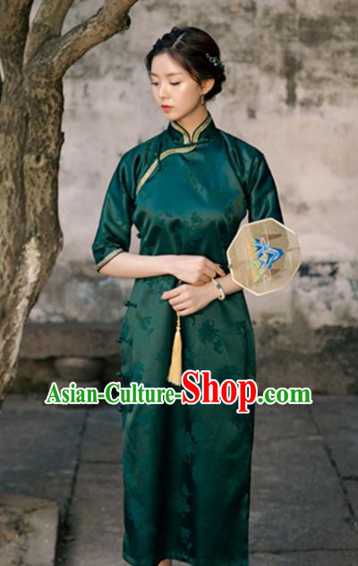 Chinese Classical Deep Green Brocade Qipao Dress National Cheongsam Traditional Shanghai Woman Clothing