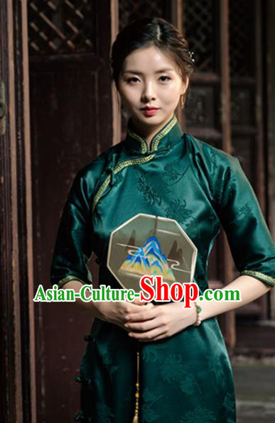 Chinese Classical Deep Green Brocade Qipao Dress National Cheongsam Traditional Shanghai Woman Clothing