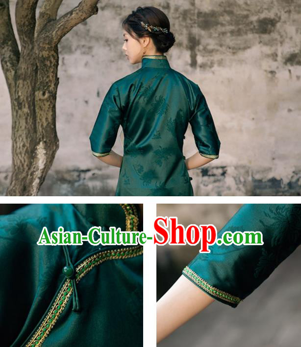 Chinese Classical Deep Green Brocade Qipao Dress National Cheongsam Traditional Shanghai Woman Clothing