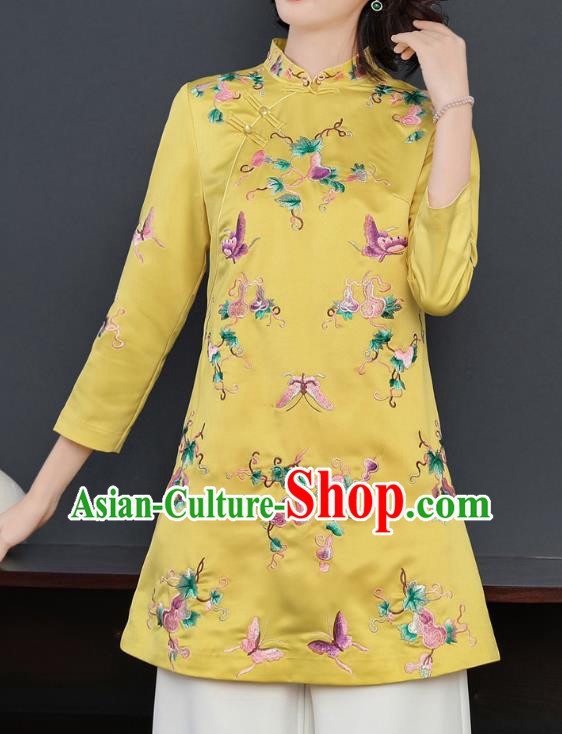 China Winter Woman Embroidered Butterfly Yellow Brocade Jacket Traditional Tang Suit Coat