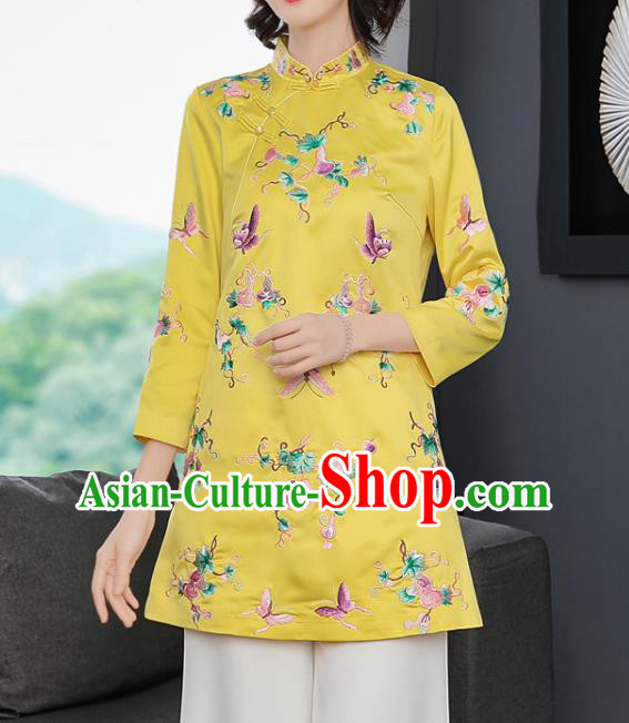 China Winter Woman Embroidered Butterfly Yellow Brocade Jacket Traditional Tang Suit Coat