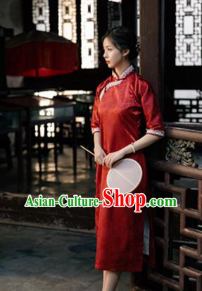 Chinese Traditional Shanghai Beauty Clothing Classical Red Brocade Qipao Dress National Cheongsam