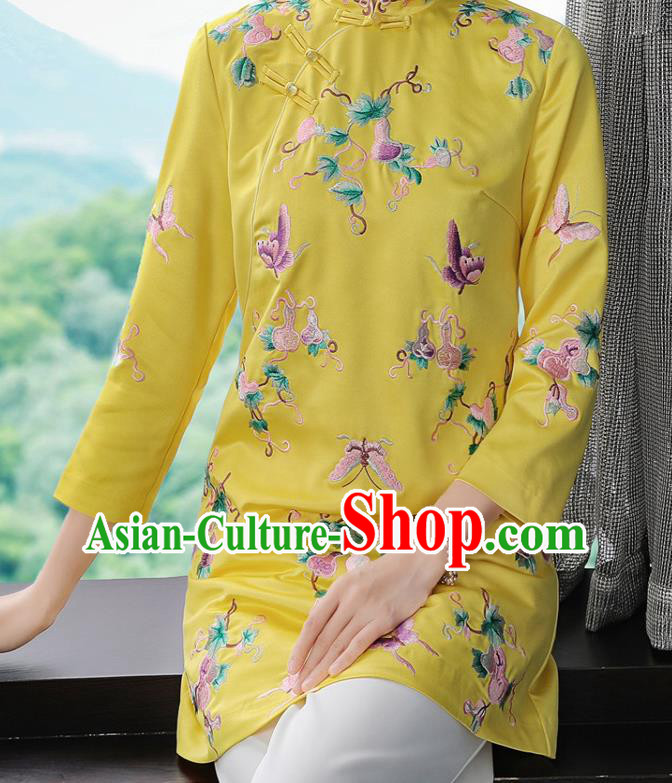 China Winter Woman Embroidered Butterfly Yellow Brocade Jacket Traditional Tang Suit Coat