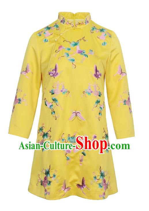 China Winter Woman Embroidered Butterfly Yellow Brocade Jacket Traditional Tang Suit Coat