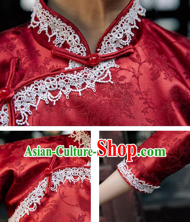 Chinese Traditional Shanghai Beauty Clothing Classical Red Brocade Qipao Dress National Cheongsam