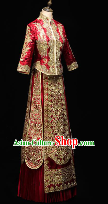 Chinese Wedding Toast Outfits Clothing Bride Costumes Traditional Embroidery Red Xiuhe Suit