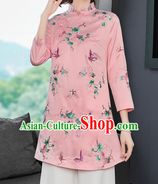 China Traditional Tang Suit Silk Coat Woman Embroidered Butterfly Pink Jacket
