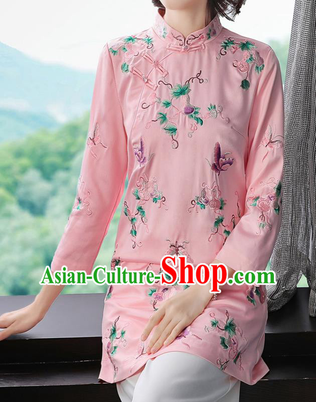 China Traditional Tang Suit Silk Coat Woman Embroidered Butterfly Pink Jacket