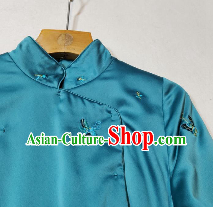 Chinese Classical Qipao Dress National Women Clothing Traditional Peacock Blue Silk Cheongsam