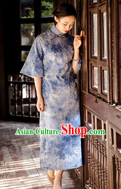 Chinese National Women Cheongsam Traditional Tie Dye Clothing Classical Blue Qipao Dress
